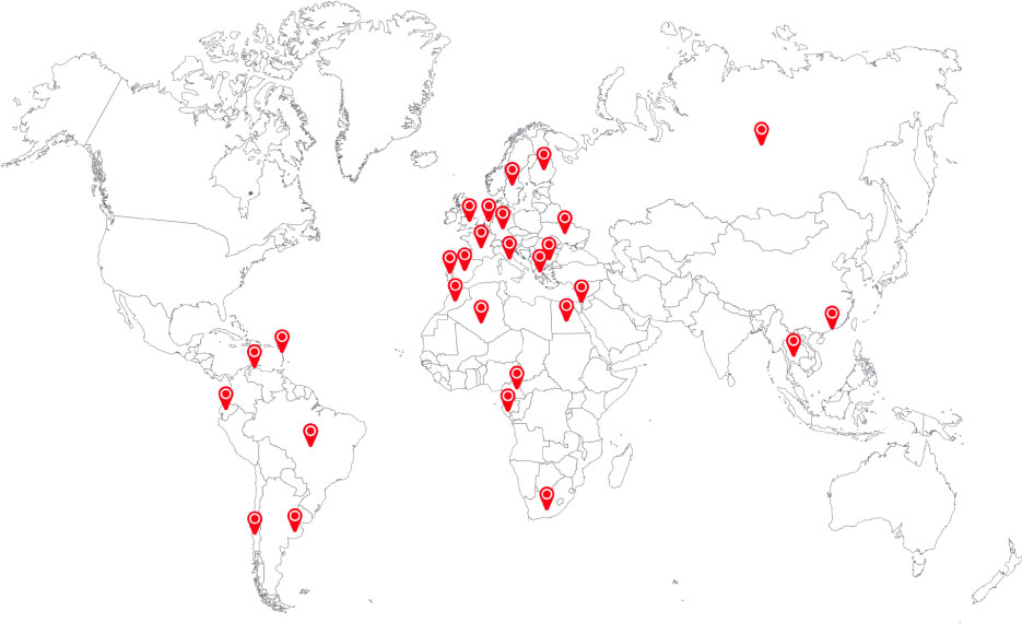 Frigocerro S.A. export markets world map — Uruguay beef and lamb shipped to 16+ countries